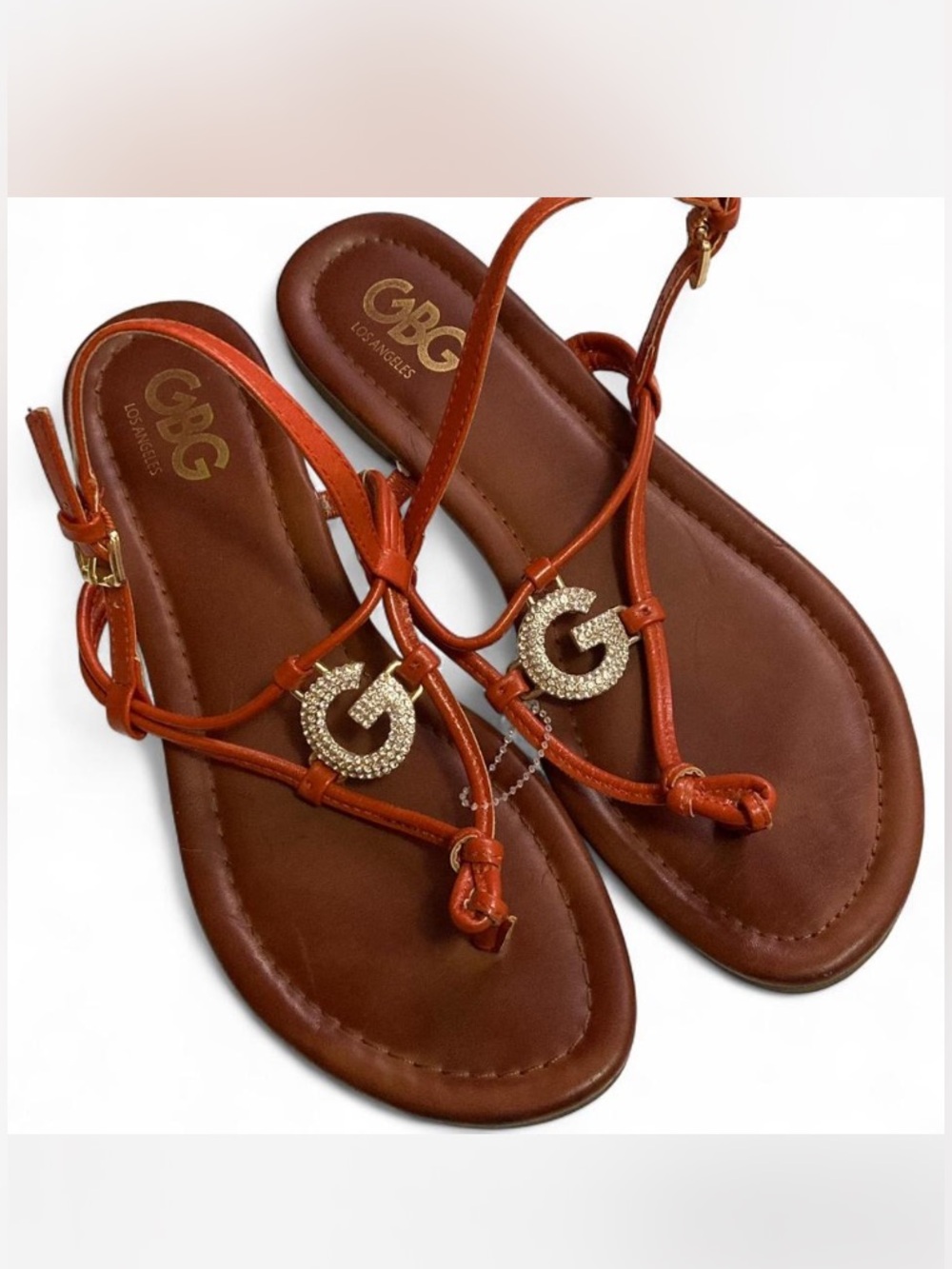 GBG Los Angeles Brown Tan Strappy Sandals with Gold G Logo